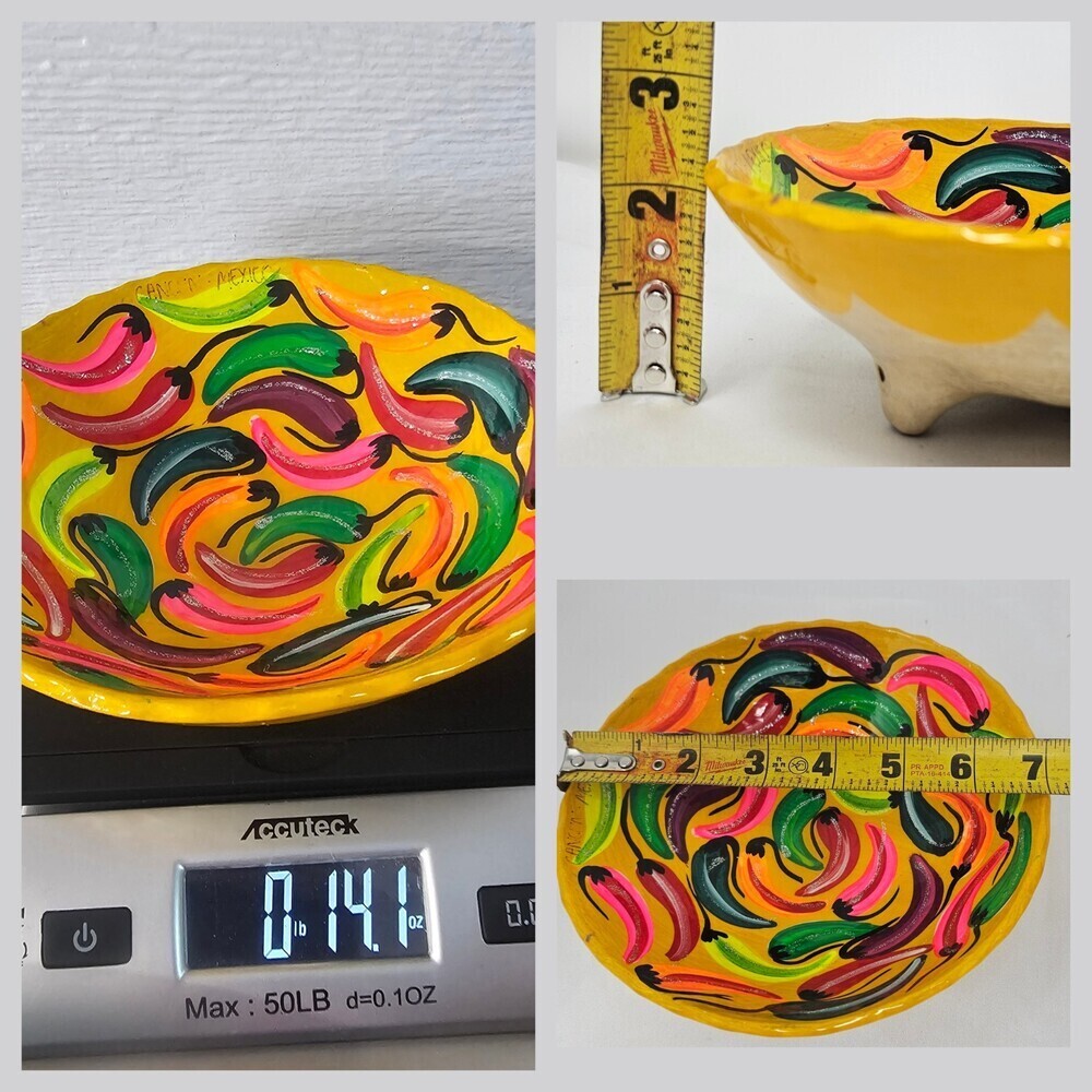 Mexican Folk Art Pottery Footed Bowl Hand Painted Dish Chili Pepper Motif Bright - Picture 7 of 10